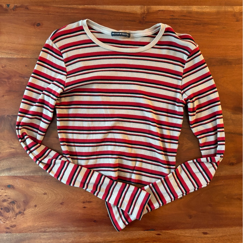 Brandy Melville Long Sleeve Striped Red Black Beige Crop Top
